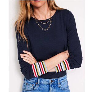 BODEN Supersoft Crew Neck Top French Navy Multi Cuff Striped Size US 2 N…